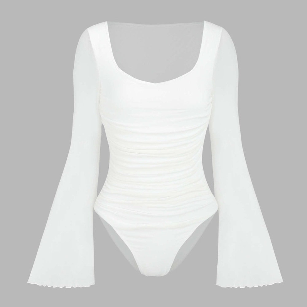 Cider Solid Mesh Bell Sleeve Ruched Bodysuit